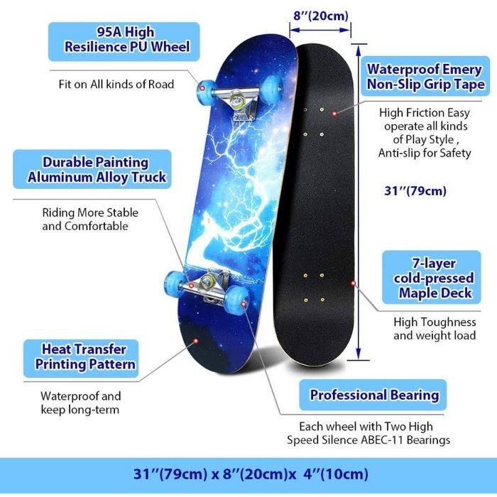 Complete Skateboards- Standard Skateboards for Beginners Kids Boys Girls Teenager- 31''x 8''Canadian